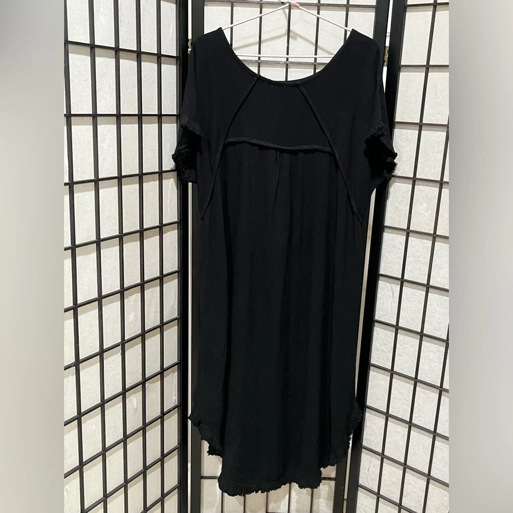 Umgee Elegant Black LINEN BLEND ROUND NECK POCKET DRESS WOMEN SIZE L